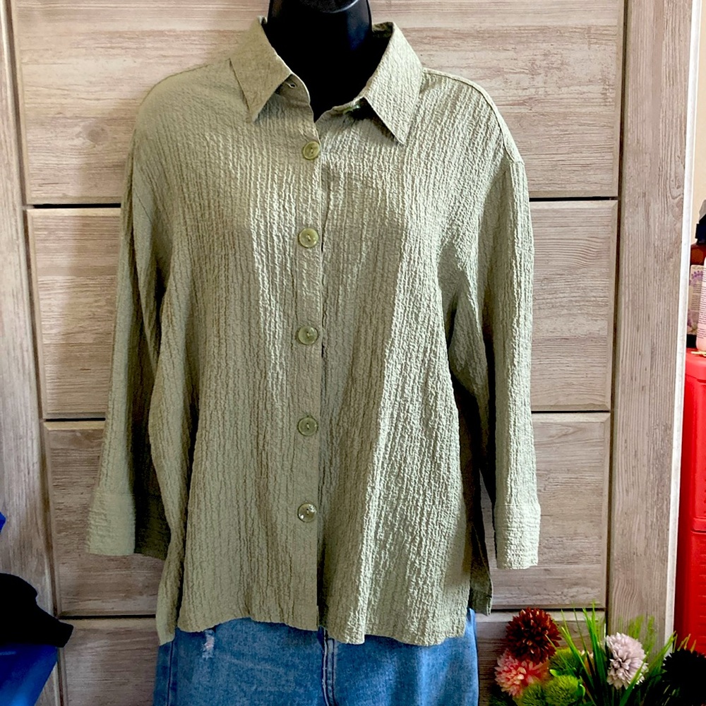 VTG Lagenlook Gauzy Button Down Crinkle Shirt Dusty Sage Light Green L (12/14)